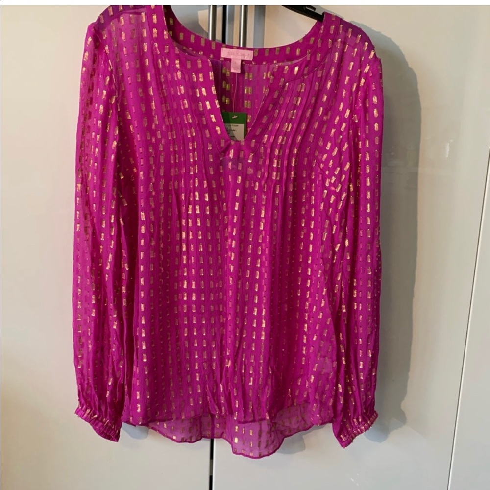 New NWT Stunning Lilly Pulitzer Silk Colby Tunic Top sz L Magenta Gold